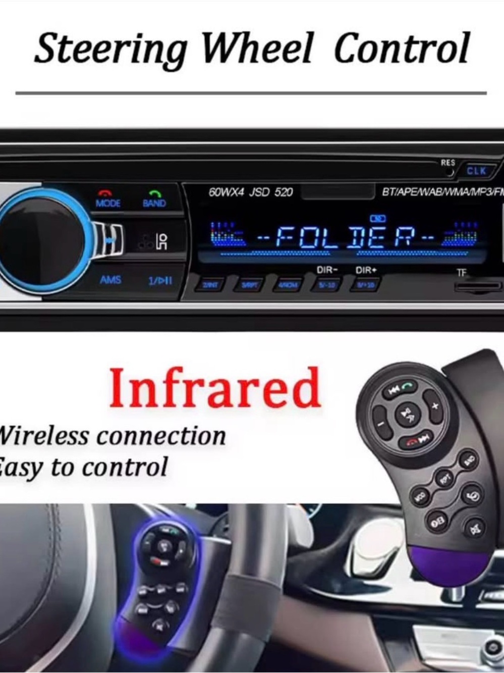 Car Stereo Receiver with Steering Wheel Remote (Black/Blue)